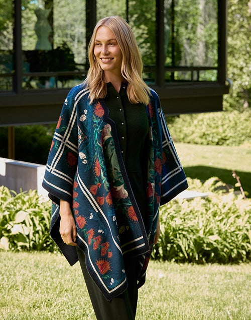 Blue and Green Multi Floral Print Wool Poncho