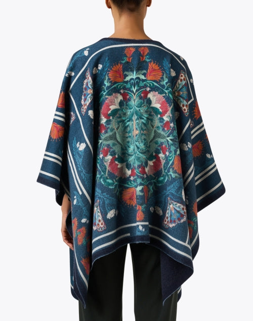 Blue and Green Multi Floral Print Wool Poncho