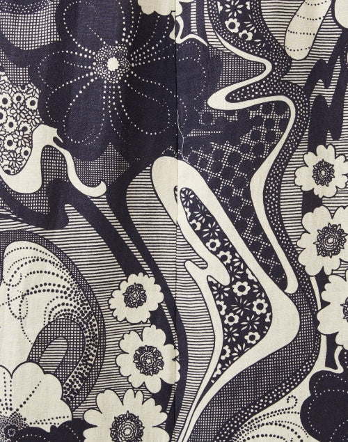 Mickey Ivory and Navy Floral Print Linen Shirt Dress