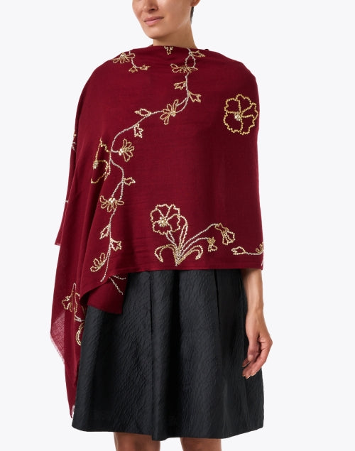 Red Embroidered Merino Wool Scarf