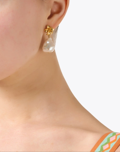 Gold Flower Pearl Drop Earrings