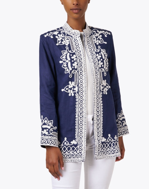 Ceci Navy Embroidered Linen Jacket
