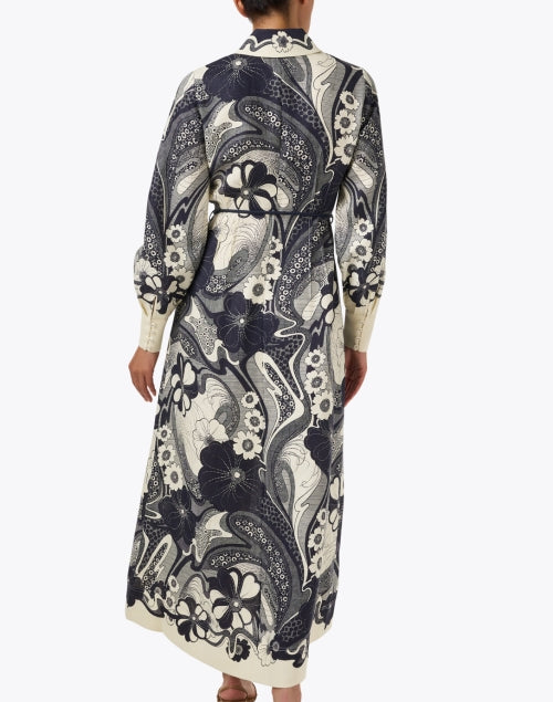 Mickey Ivory and Navy Floral Print Linen Shirt Dress