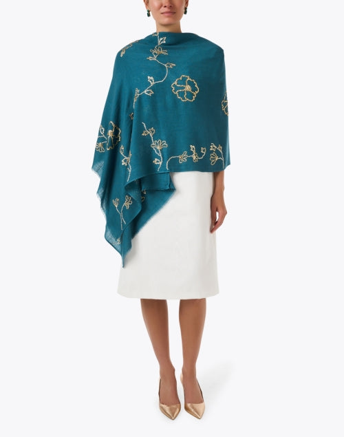 Turquoise Embroidered Merino Wool Scarf