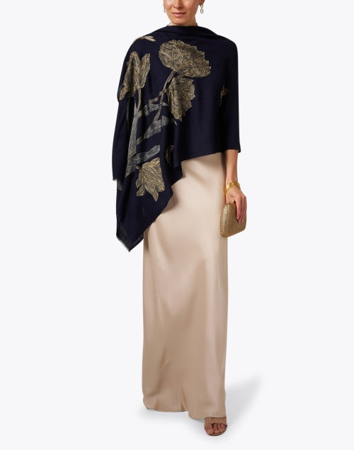 Navy Embroidered Merino Wool Scarf