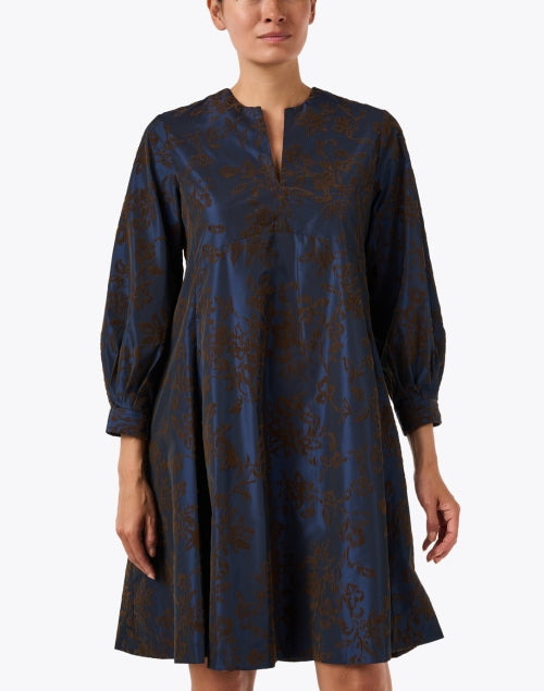 Dark Blue Flocked Floral Print Dress