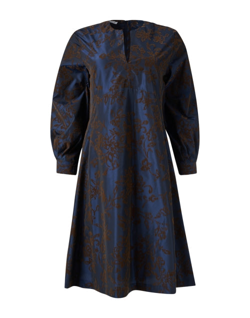 Dark Blue Flocked Floral Print Dress