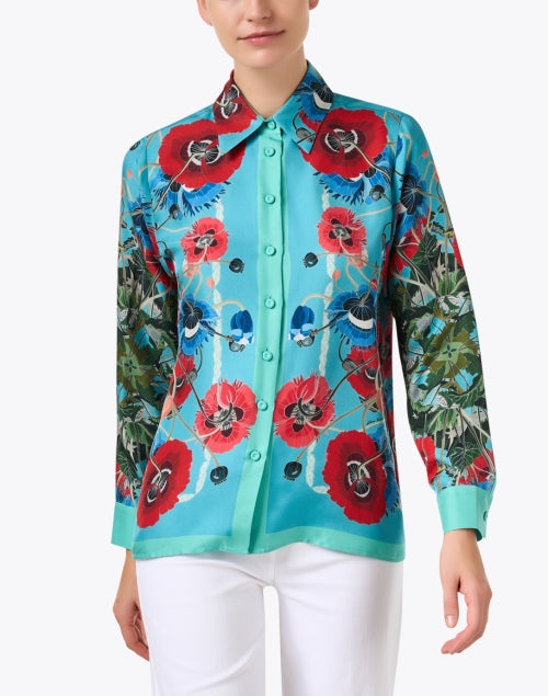 Blue and Red Print Silk Shirt