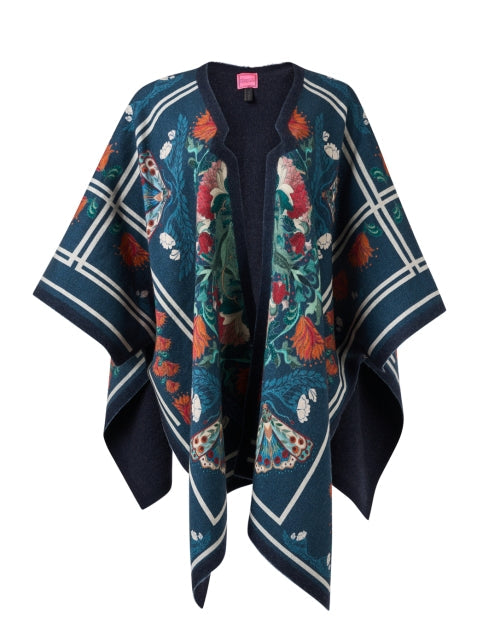 Blue and Green Multi Floral Print Wool Poncho