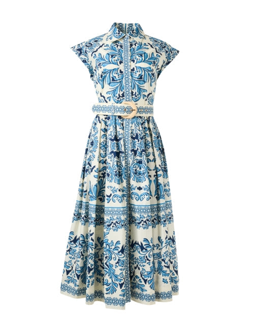 Octavia Blue and White Print Cotton Shirt Dress