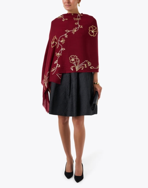 Red Embroidered Merino Wool Scarf